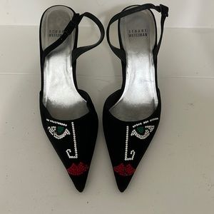 Stuart Weitzman pointed-toe black embellished sling back heels, Sz US 7.5
